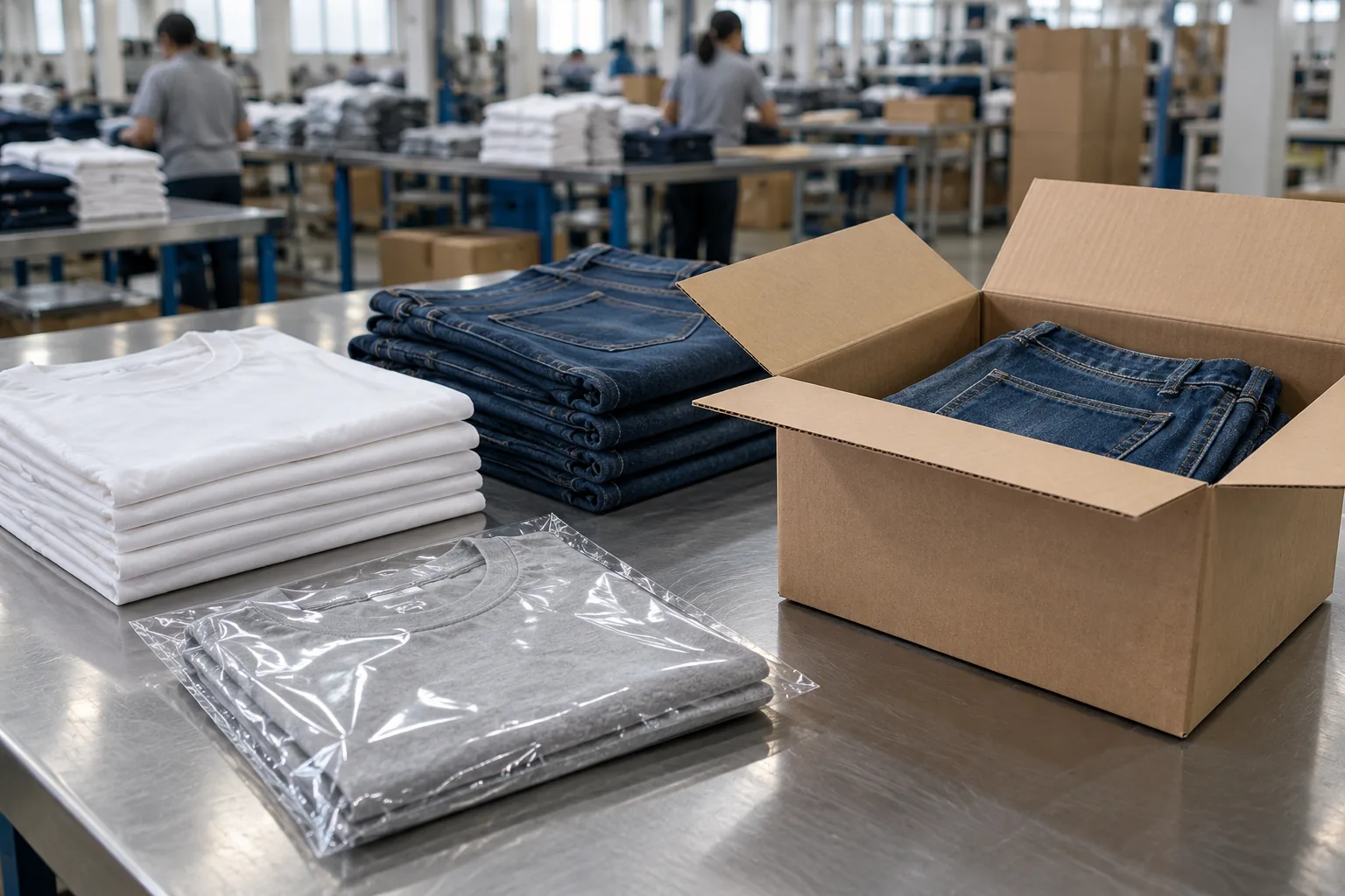 Photorealistic apparel factory documentary photograph of finished folded cotton T-shirts and denim jeans on a clean pack