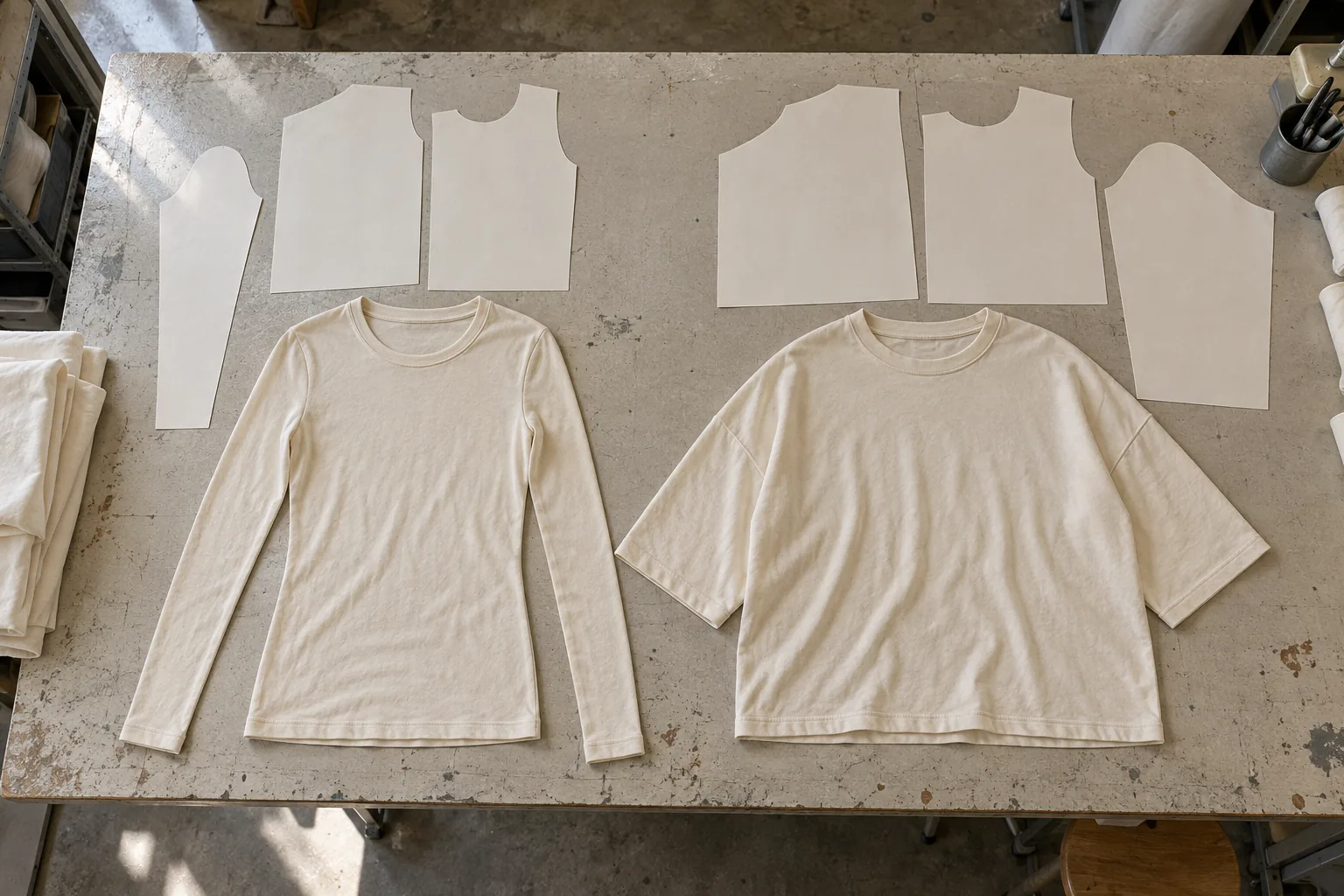 Two unbranded jersey tops with different sleeve and body proportions on a sampling table