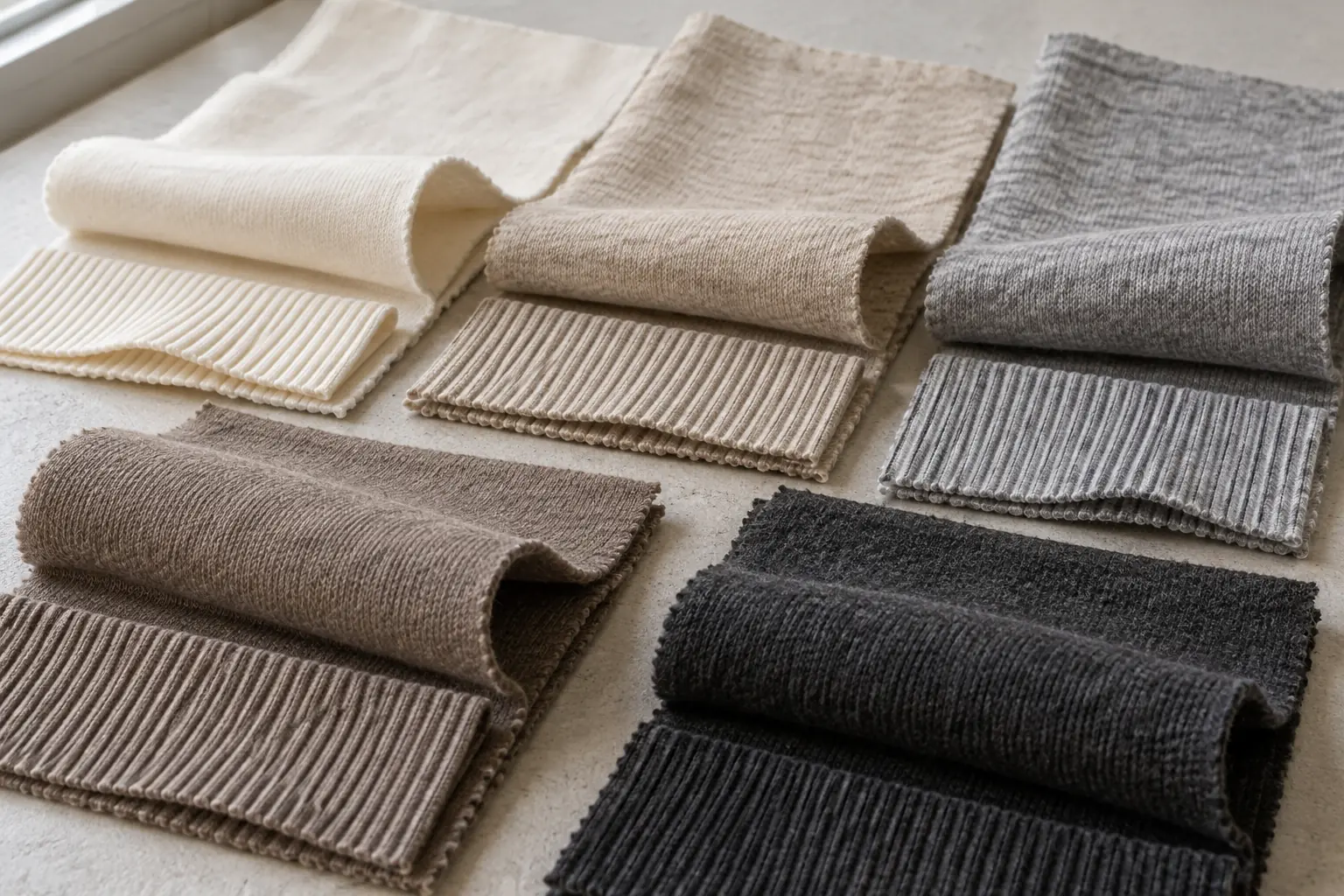 Cotton jersey swatches and rib fabrics arranged for handfeel and weight comparison