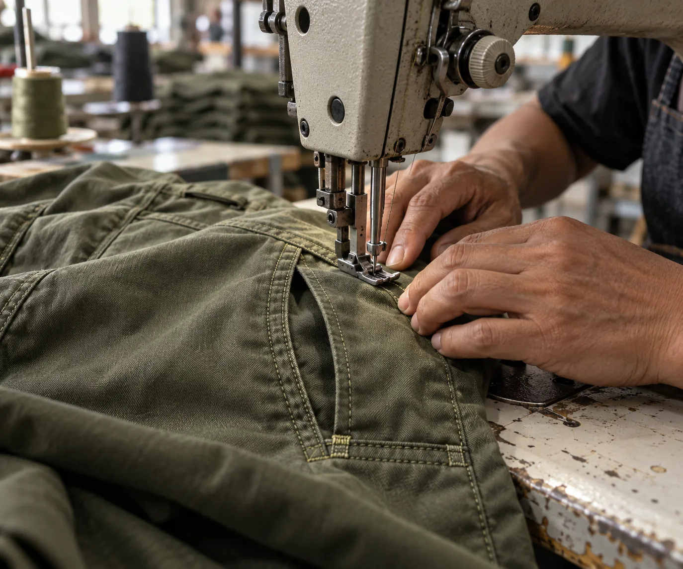 Sewing operator checking a trouser pocket opening and reinforcement stitching