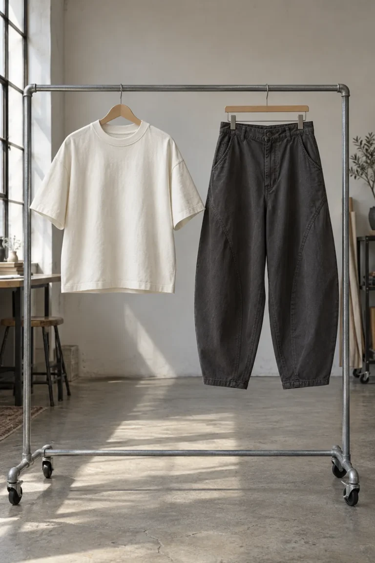 Photorealistic apparel development studio documentary photograph, finished unbranded boxy cotton tee and curved-leg trou