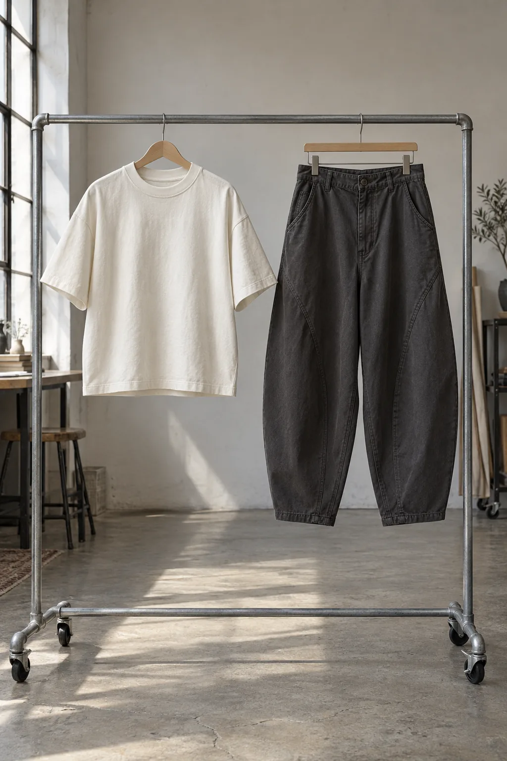 Photorealistic apparel development studio documentary photograph, finished unbranded boxy cotton tee and curved-leg trou