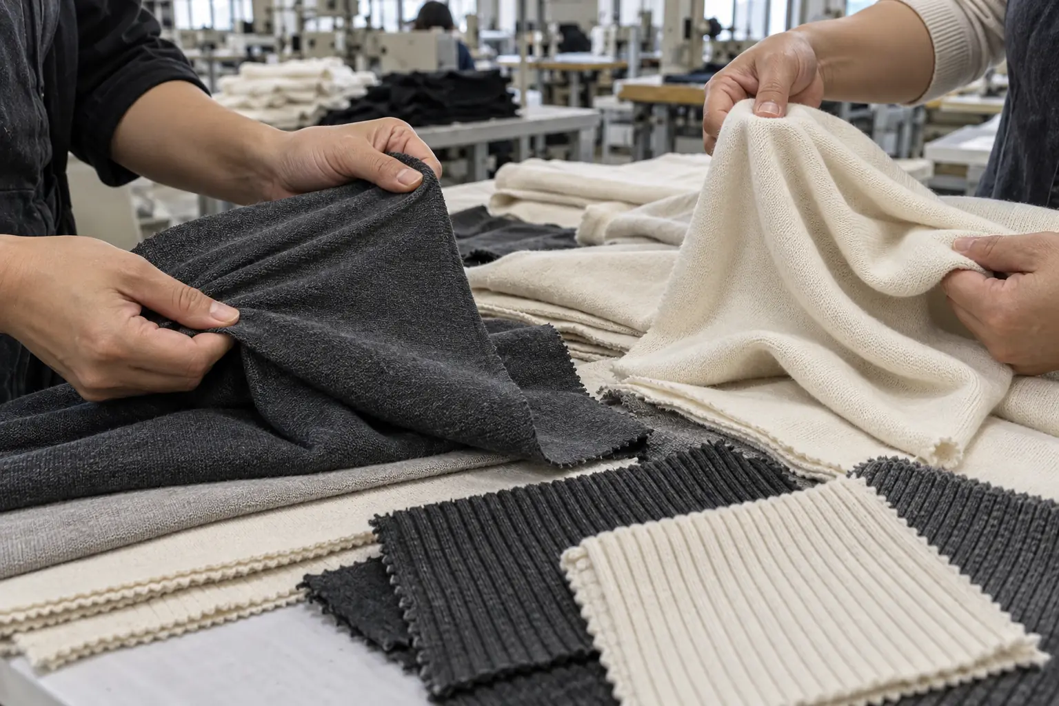 Cotton jersey swatches arranged for an initial supplier material discussion