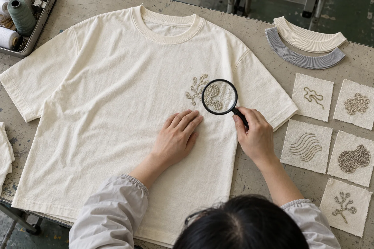 Sample T-shirt and embroidery reference examined on a development table