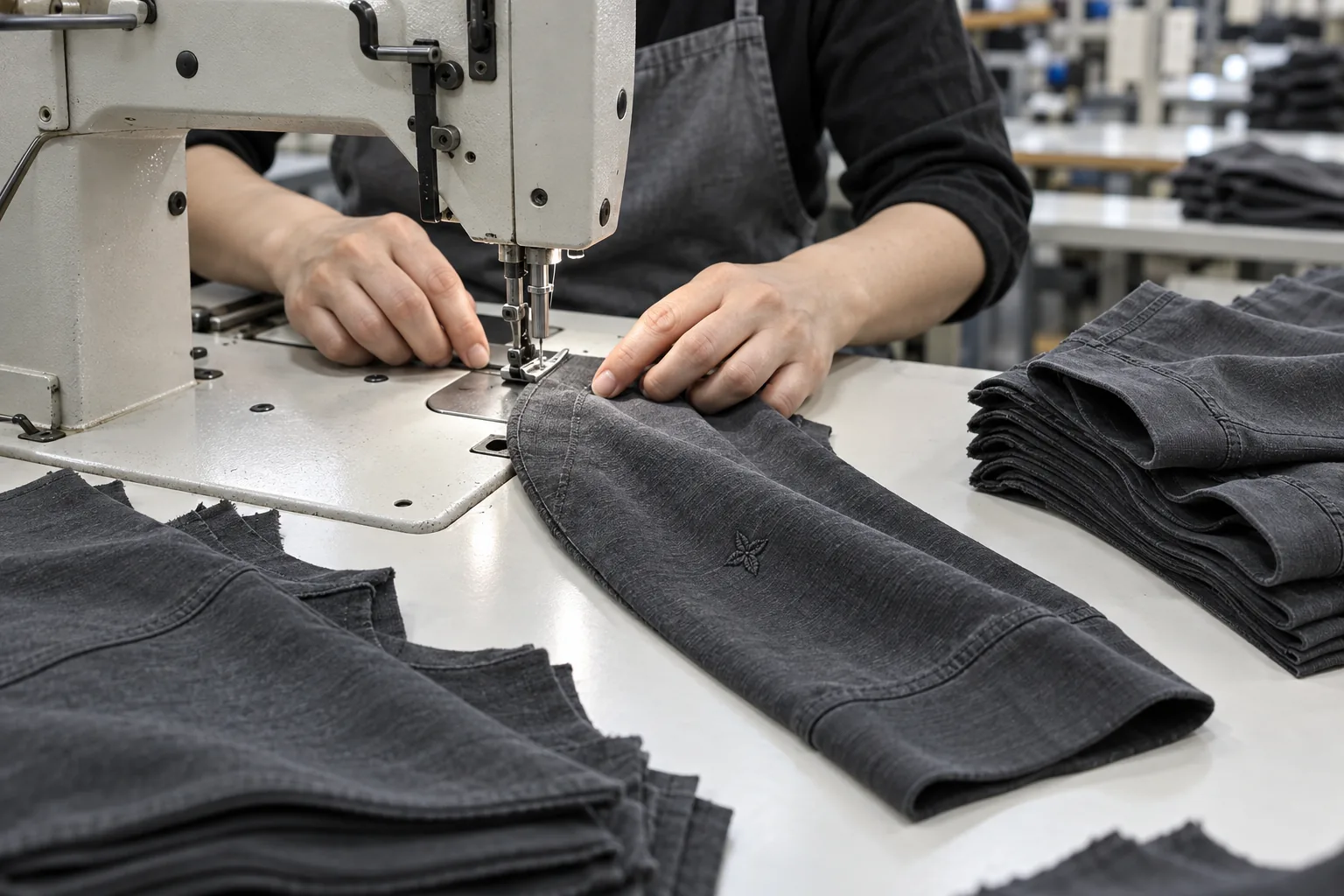 Sewing operator positioning a sleeve component beside an embroidery sample