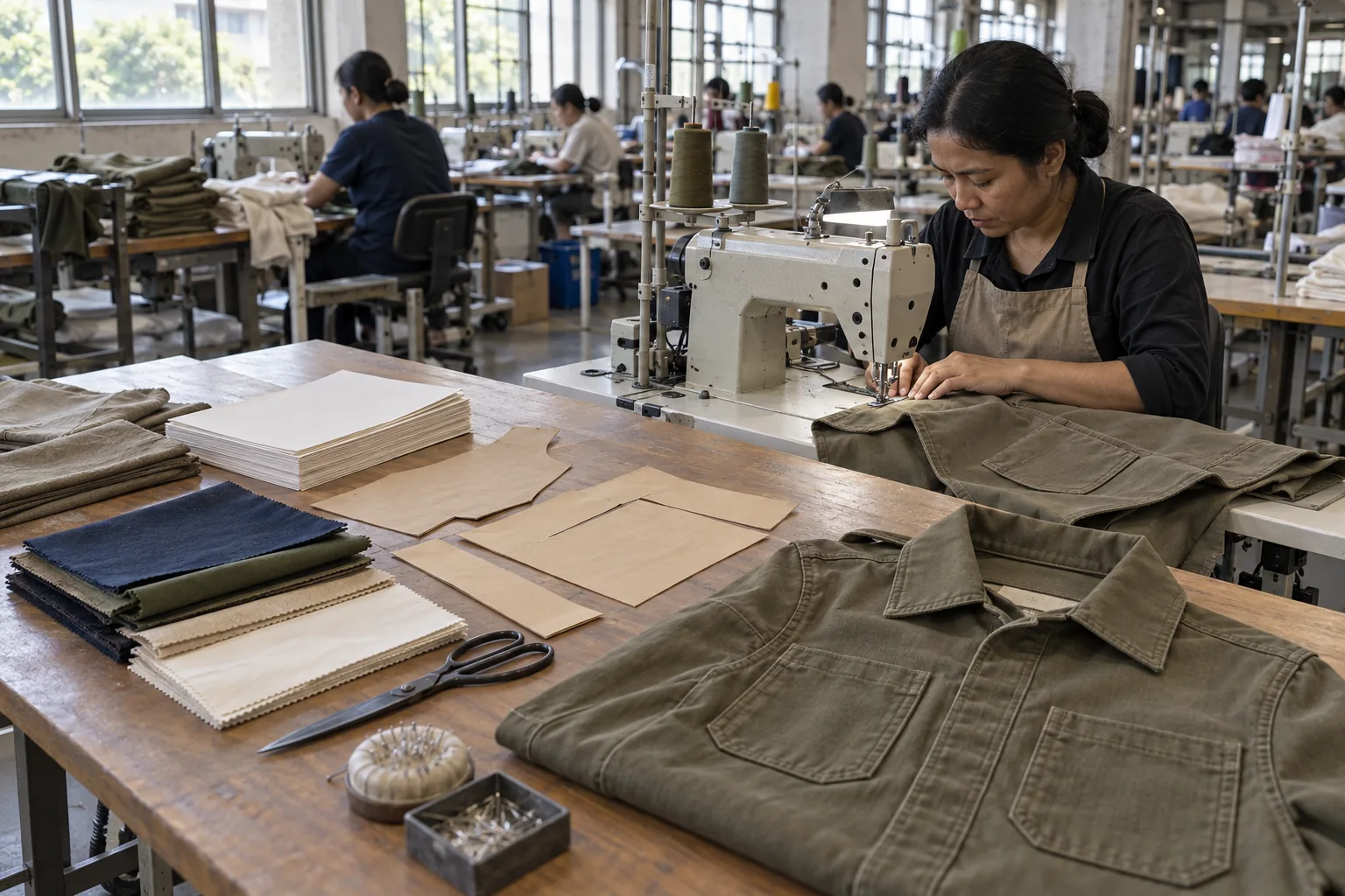 Production planner reviewing garment samples and material references at a factory table