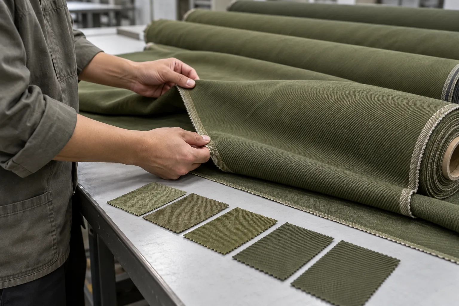 Fabric rolls and shade swatches being compared under consistent inspection lighting