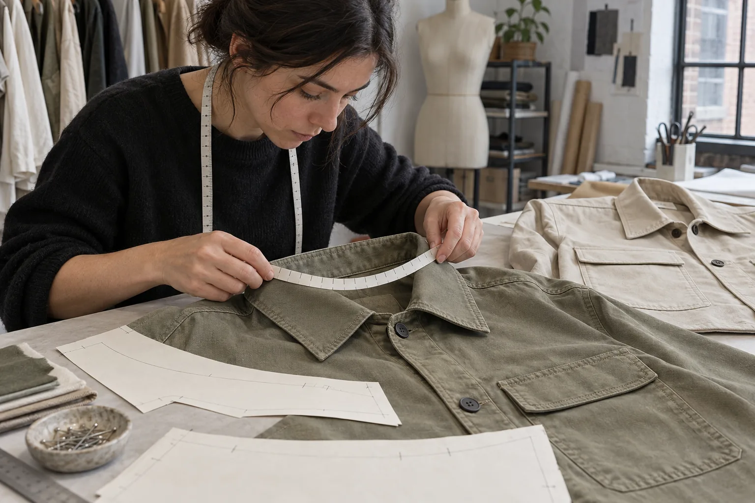 Technician measuring an overshirt collar beside a reference sample on a sampling table