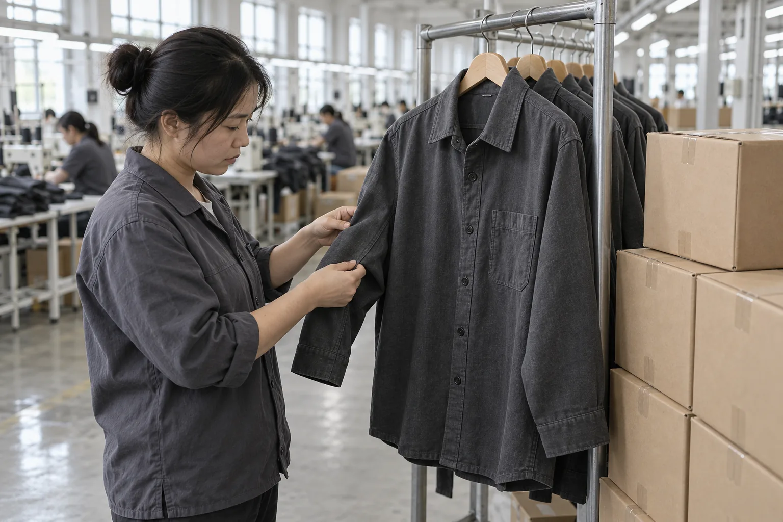 Photorealistic apparel factory documentary photograph, quality inspector examining a finished charcoal overshirt hanging