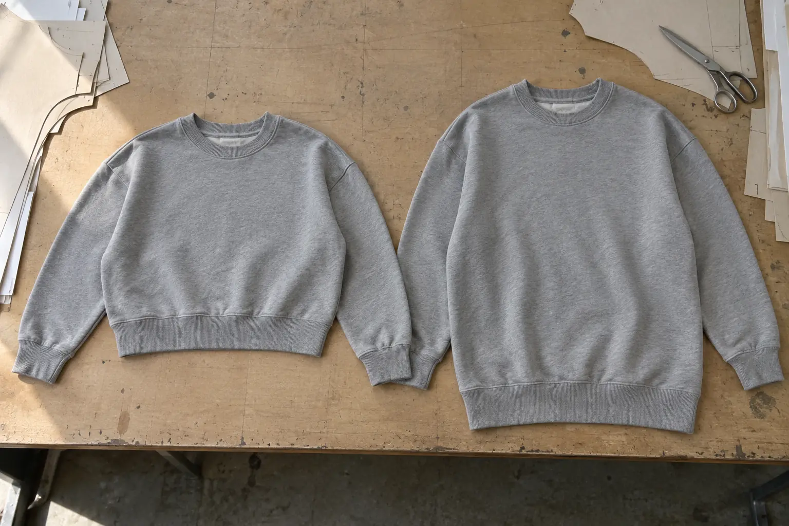 Two sweatshirt samples showing different body lengths and widths on a sampling table
