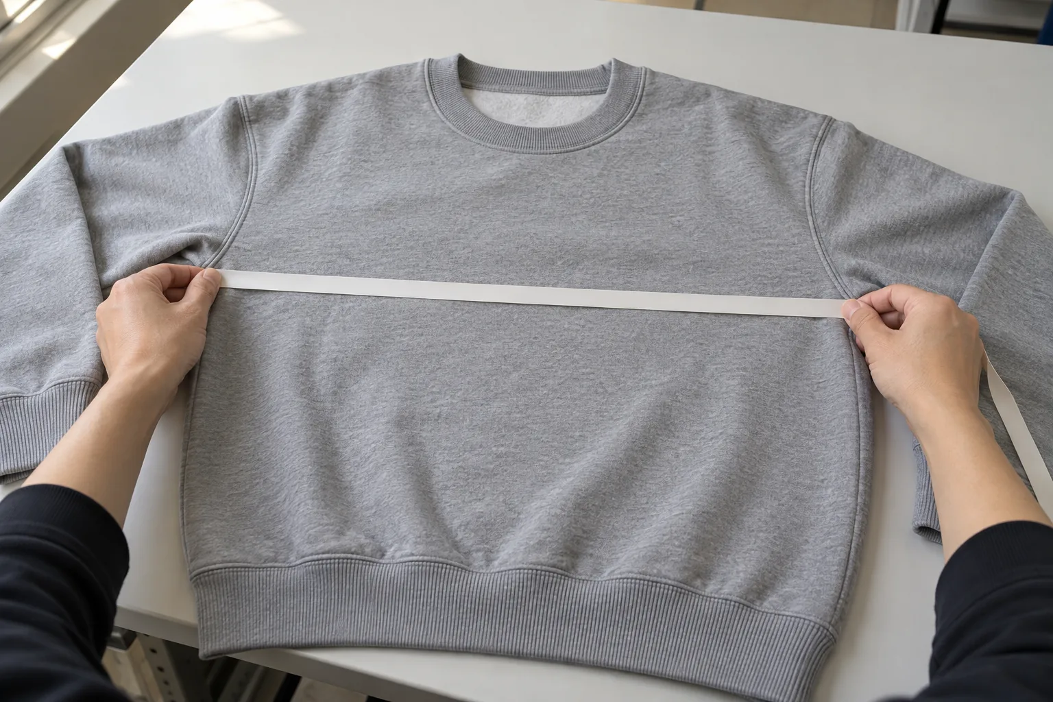 Technician measuring the chest of a relaxed sweatshirt laid flat