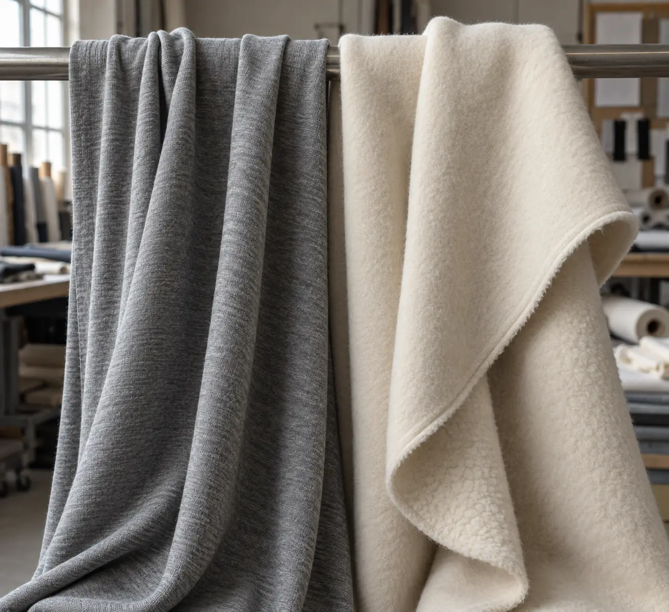 Heavy jersey and fleece swatches draped over a workroom rail