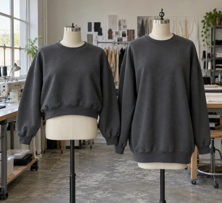 Photorealistic apparel workroom documentary photograph of two finished unbranded charcoal sweatshirts on adjacent dress