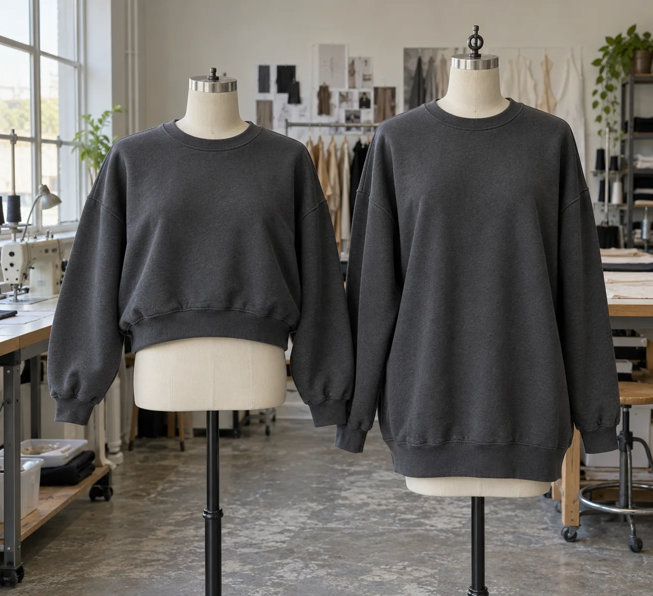Photorealistic apparel workroom documentary photograph of two finished unbranded charcoal sweatshirts on adjacent dress
