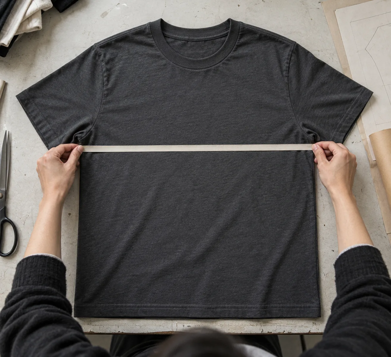 Garment technician measuring body width and length of a plain tee on a sampling table