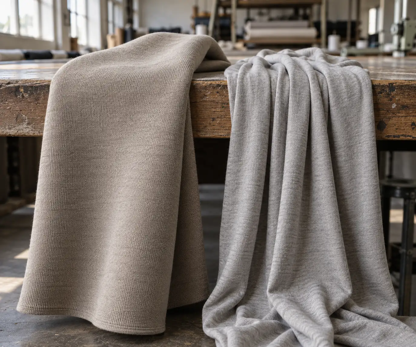 Two unbranded jersey fabric samples draped over a workbench edge to compare structure