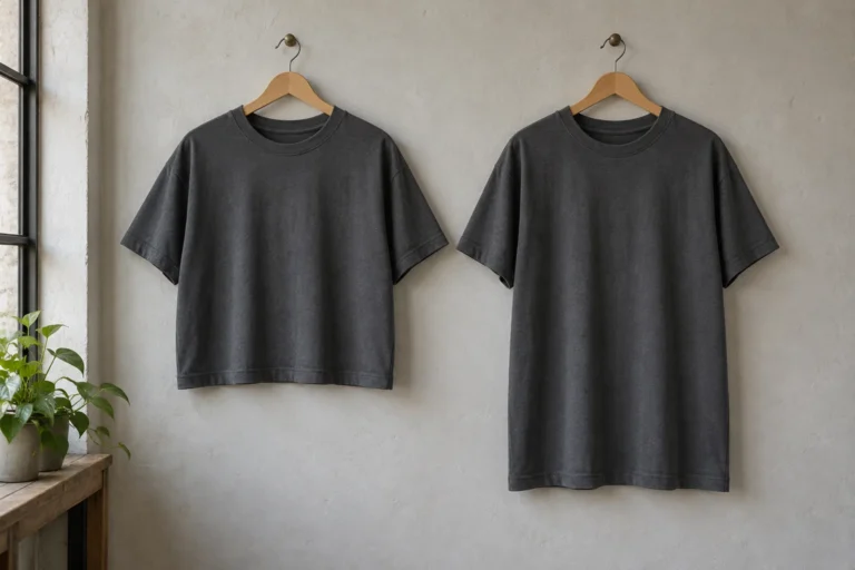 Photorealistic apparel workshop documentary photograph of two plain charcoal jersey tops hanging side by side on identic