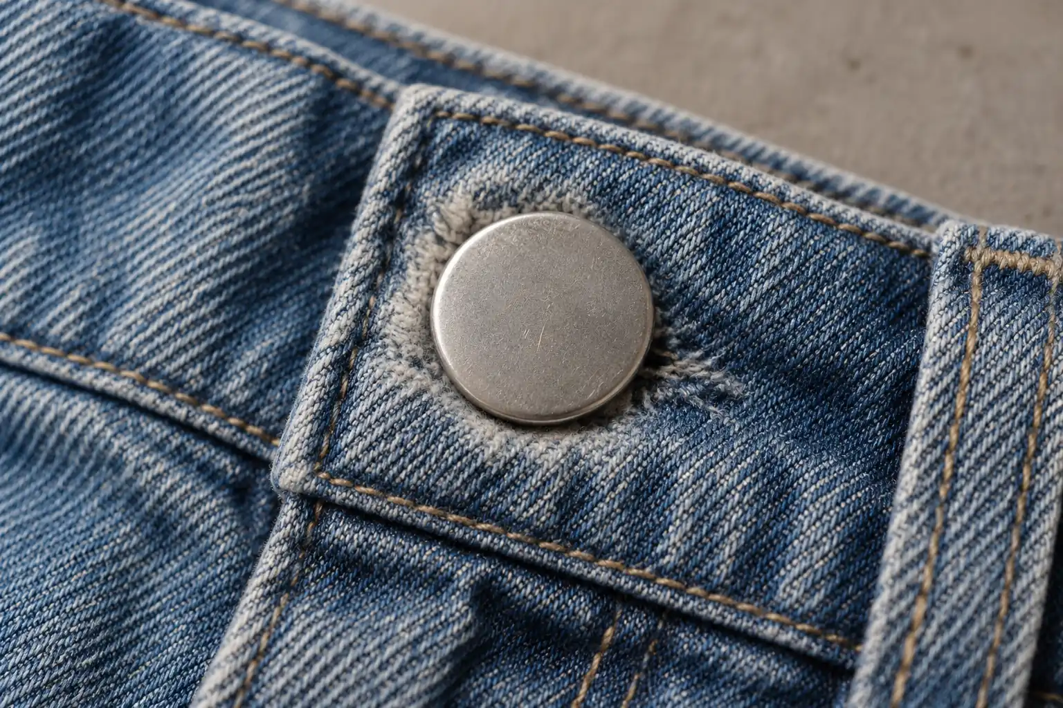 Washed denim waistband showing contact marks around a metal button