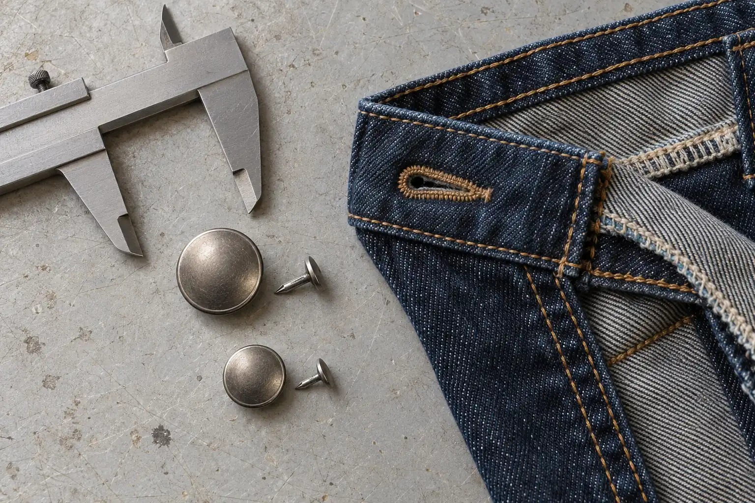 Original and replacement denim buttons arranged with measuring tools on a sampling table