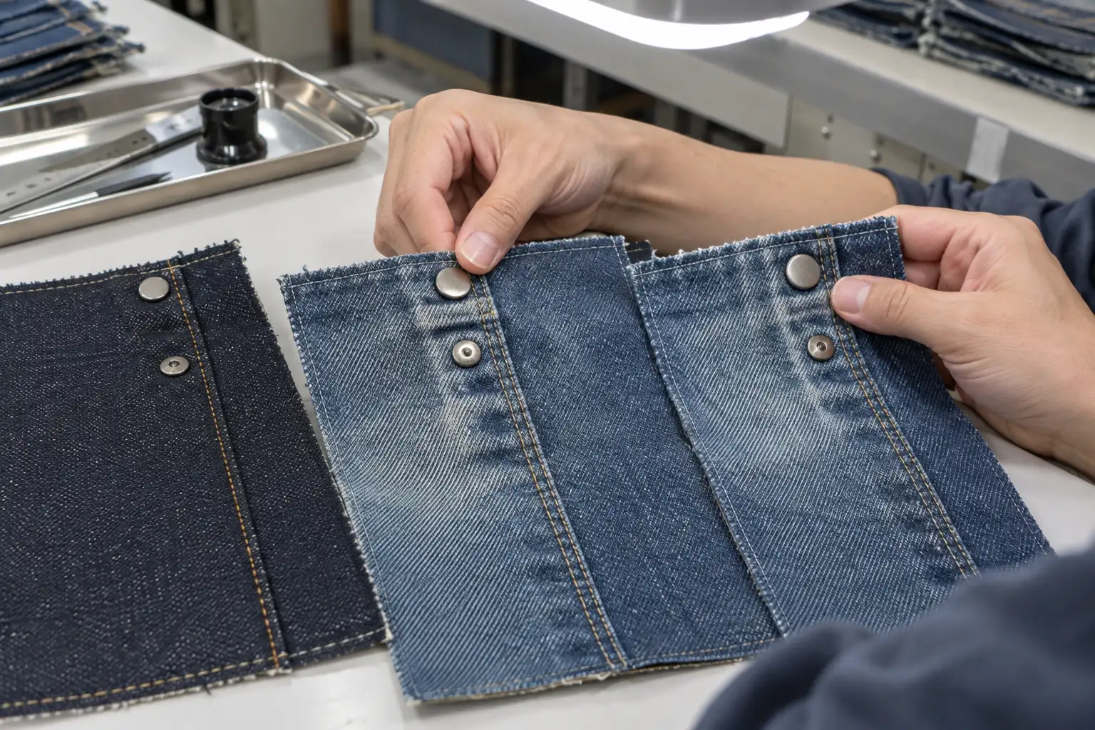 Denim test panels with rivets and snaps being compared after washing