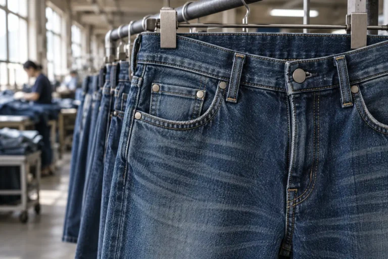 Photorealistic apparel factory documentary photograph of finished washed indigo jeans hanging from an unmarked rack, clo