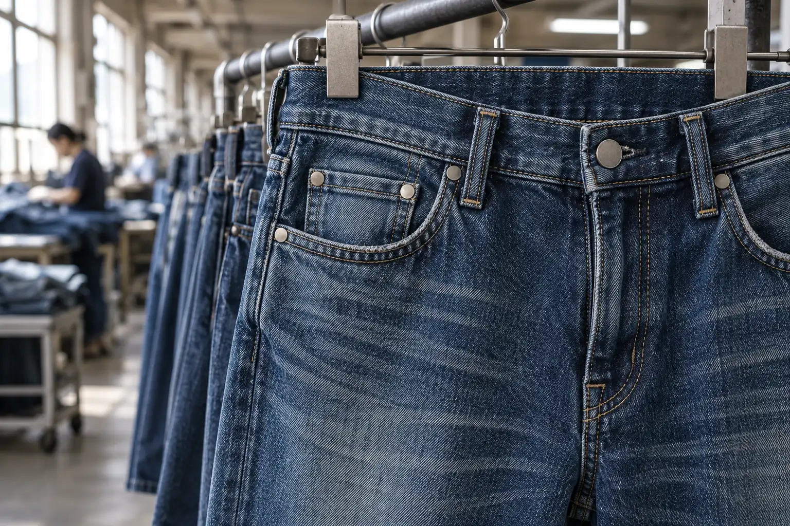 Photorealistic apparel factory documentary photograph of finished washed indigo jeans hanging from an unmarked rack, clo