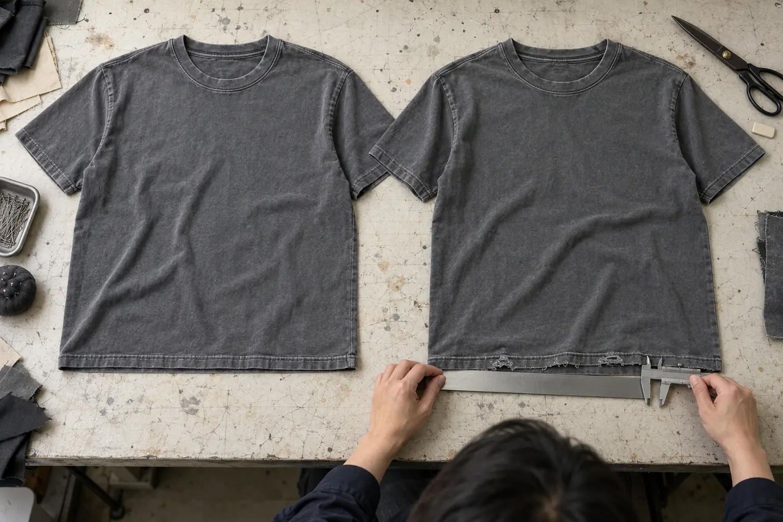 Clean faded tee and distressed tee compared on a sampling table