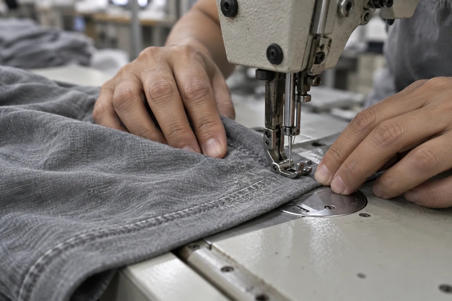 Operator carefully finishing a tee hem with visible localized wear