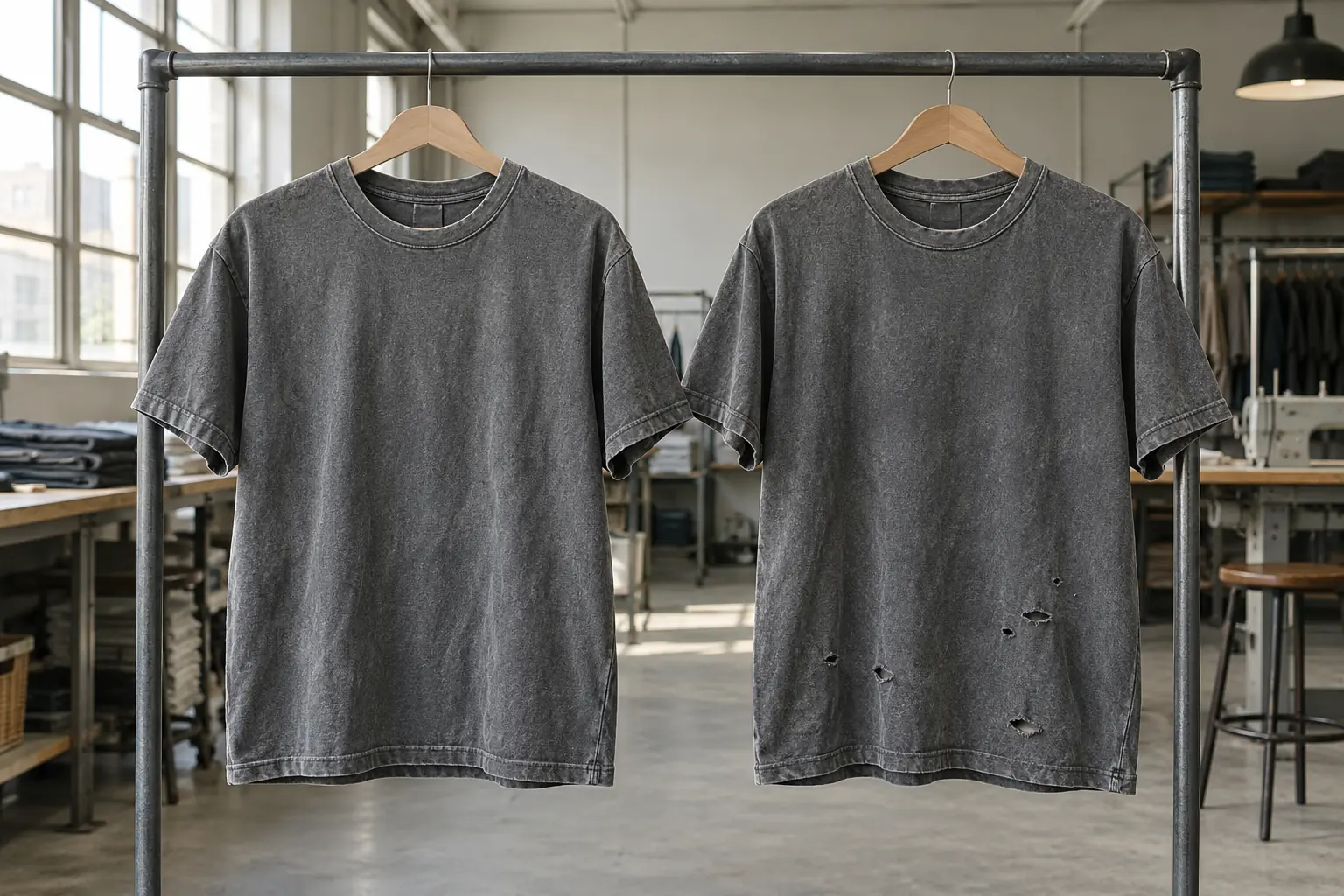 Photorealistic apparel documentary photograph of two finished slate gray washed cotton tees hanging side by side on a si