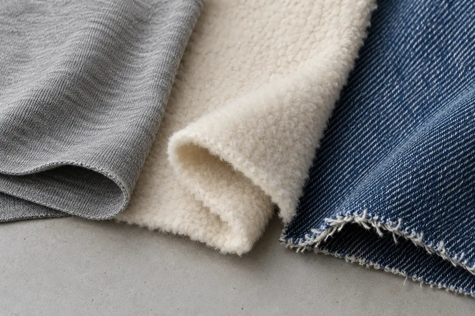 Different jersey and fleece swatches arranged for an initial fabric suitability review