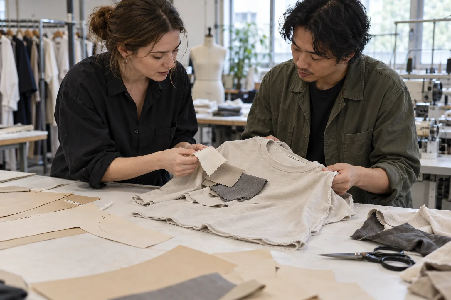 Buyer and technician comparing fabric swatches with an unfinished sample on a development table