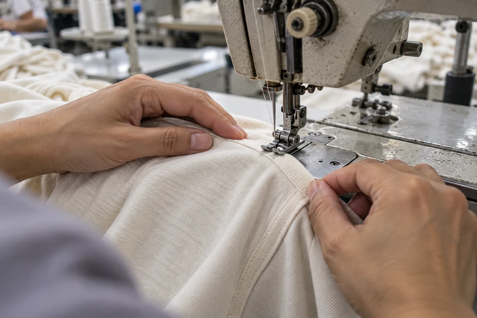 Sewing operator assembling a jersey test garment while checking the shoulder seam