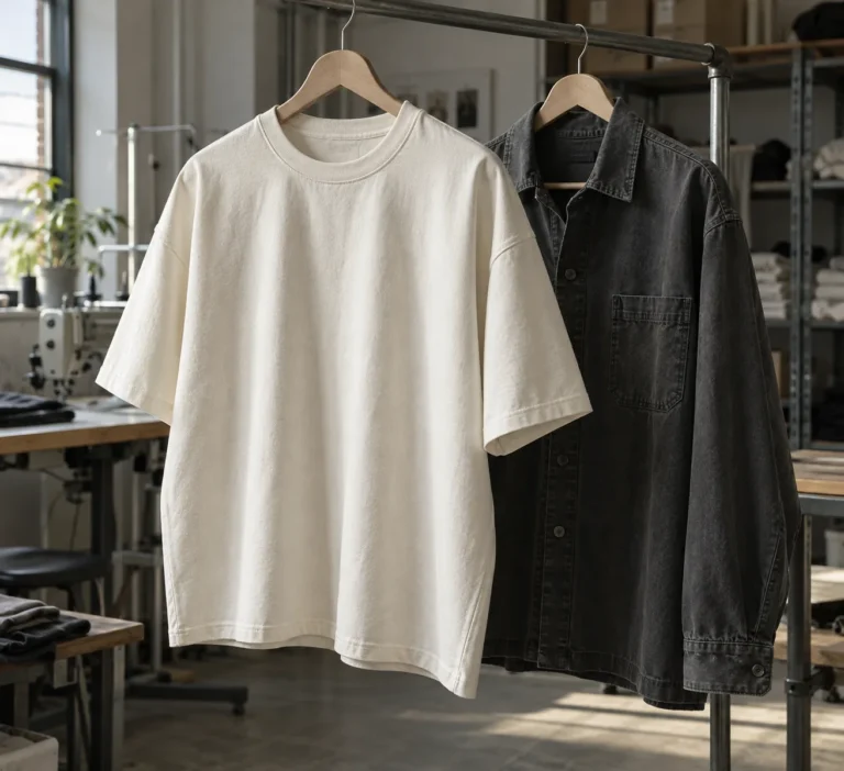 Photorealistic apparel development documentary photograph of a finished boxy off-white jersey tee hanging beside a washe