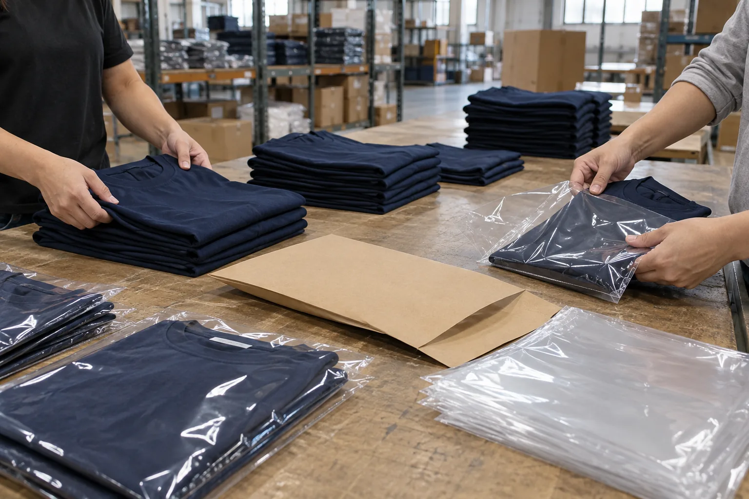 Folded garments beside plain protective bags and an unprinted presentation sleeve on a packing table