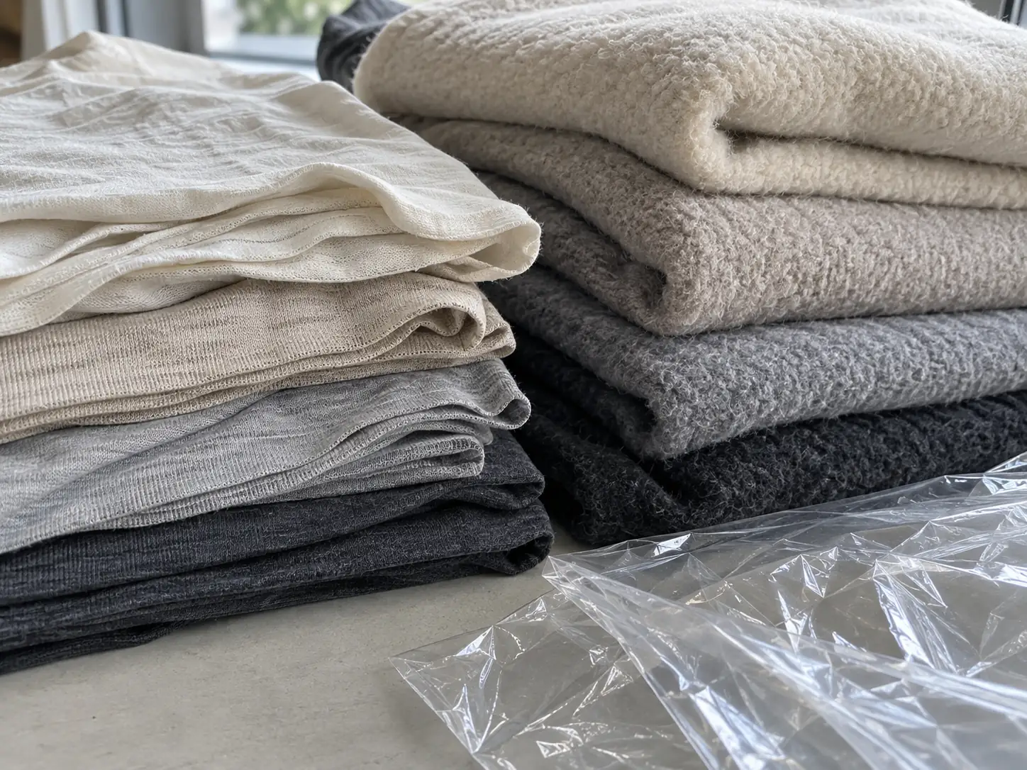 Fabric swatches and folded jersey thickness samples beside clear packaging material