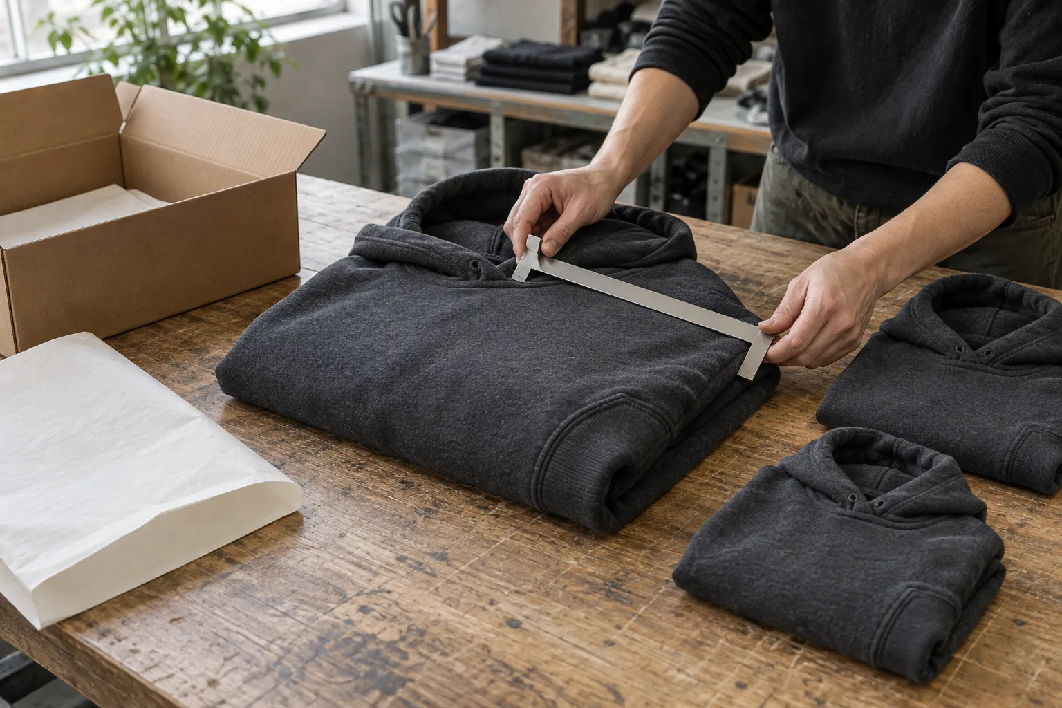 Sample hoodie being measured in its approved fold beside a plain box and paper sleeve
