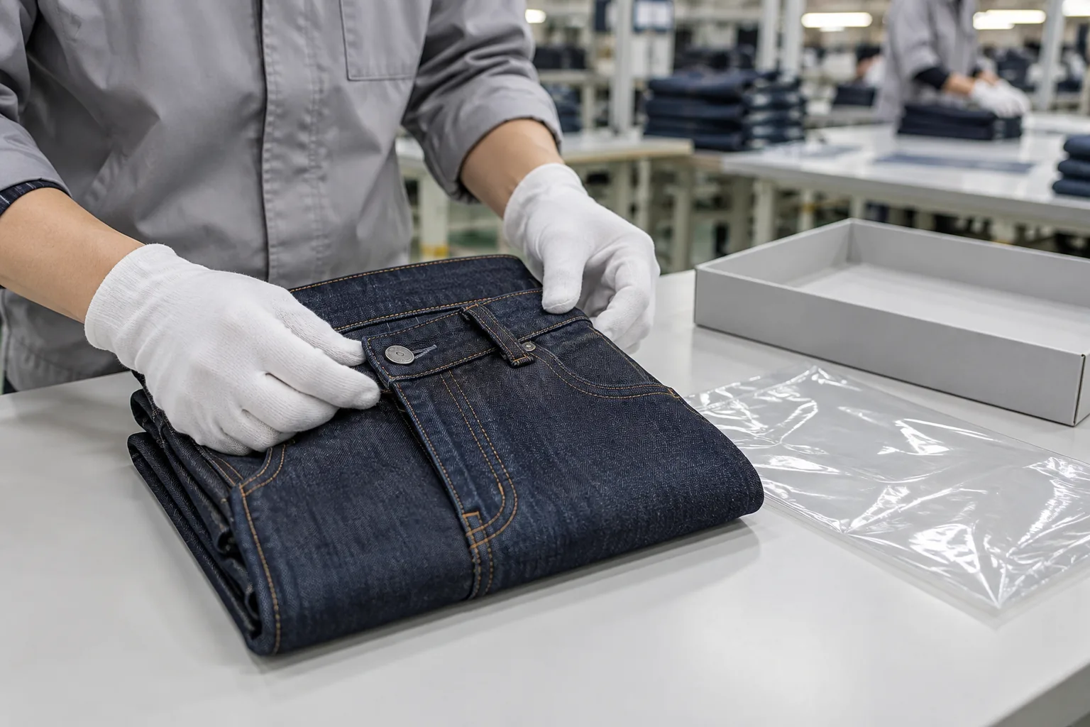 Quality inspector checking a folded denim garment and plain packaging components at a well-lit station