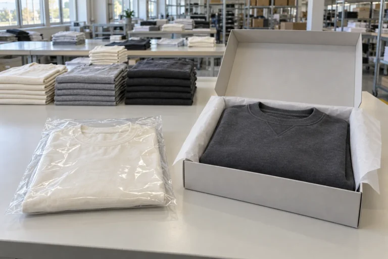 Photorealistic apparel factory documentary photograph of finished folded premium cotton tees and sweatshirts on a clean