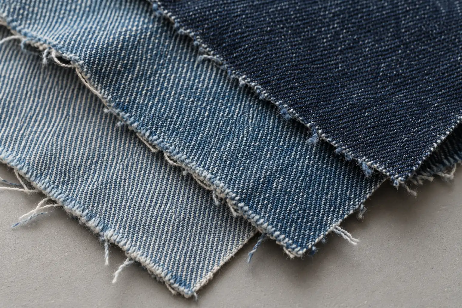 Denim swatches showing weave structure and shade differences under neutral light