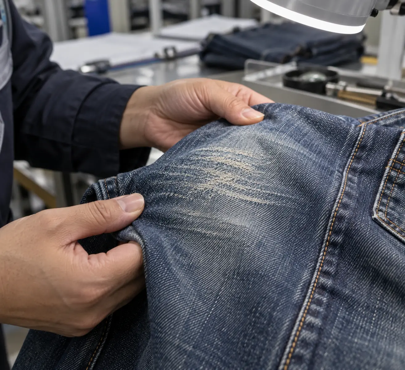 Technician inspecting a distressed knee zone on a denim garment