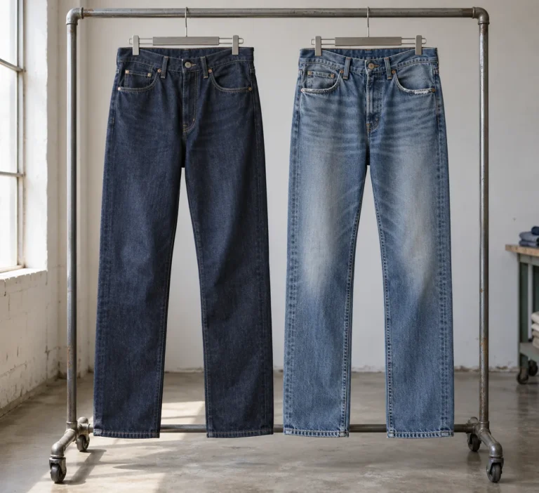 Photorealistic garment documentary photograph of two finished straight-leg jeans hanging side by side on a plain factory