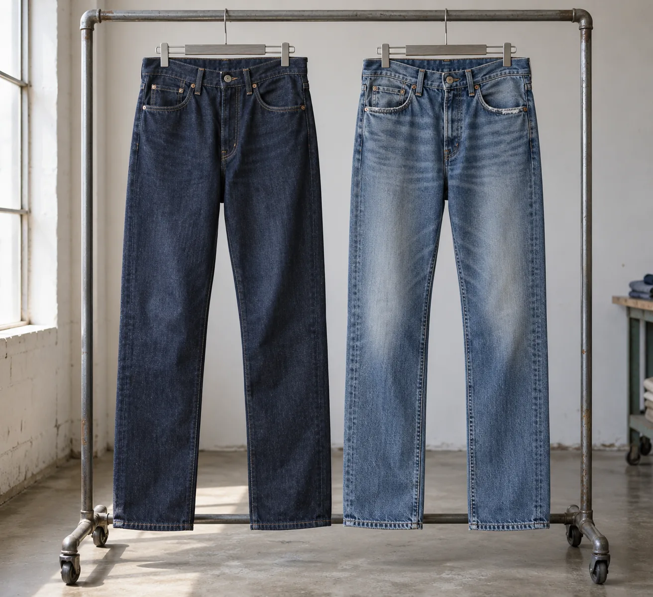 Photorealistic garment documentary photograph of two finished straight-leg jeans hanging side by side on a plain factory