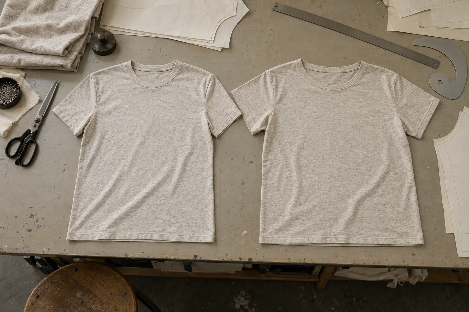 Two versions of a jersey shirt compared on a sampling table