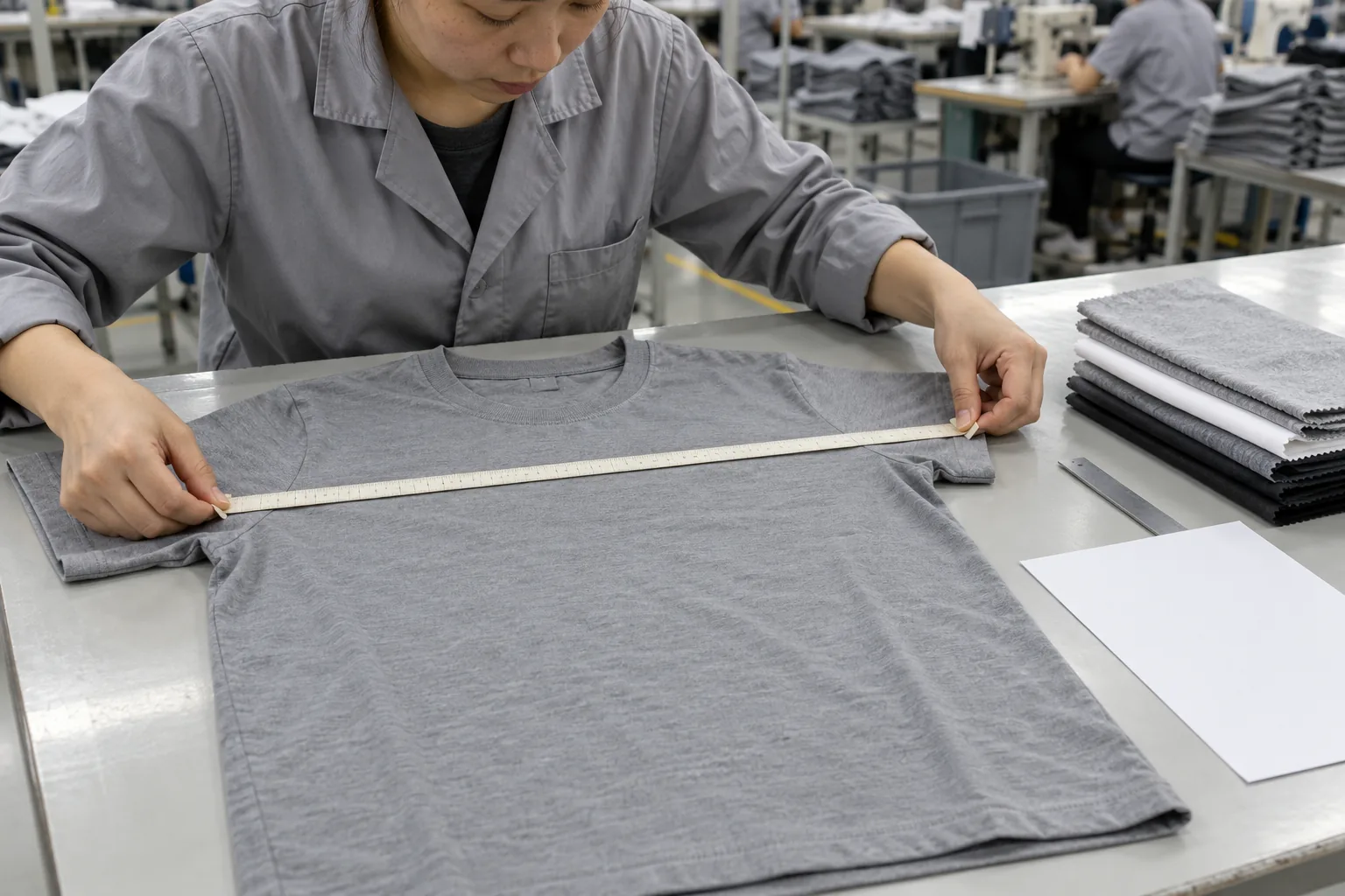 Retained garment sample with fabric swatches and measurement tools