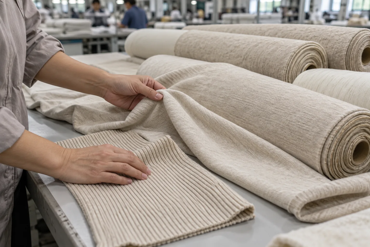Fabric rolls and swatches examined under neutral light