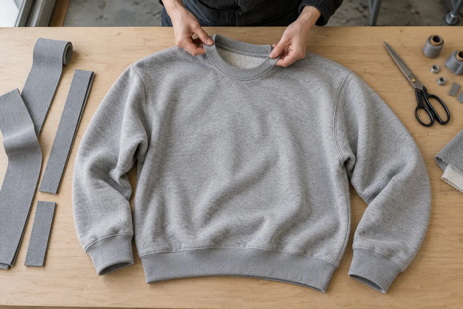 Single sweatshirt and selected components arranged on a sampling table