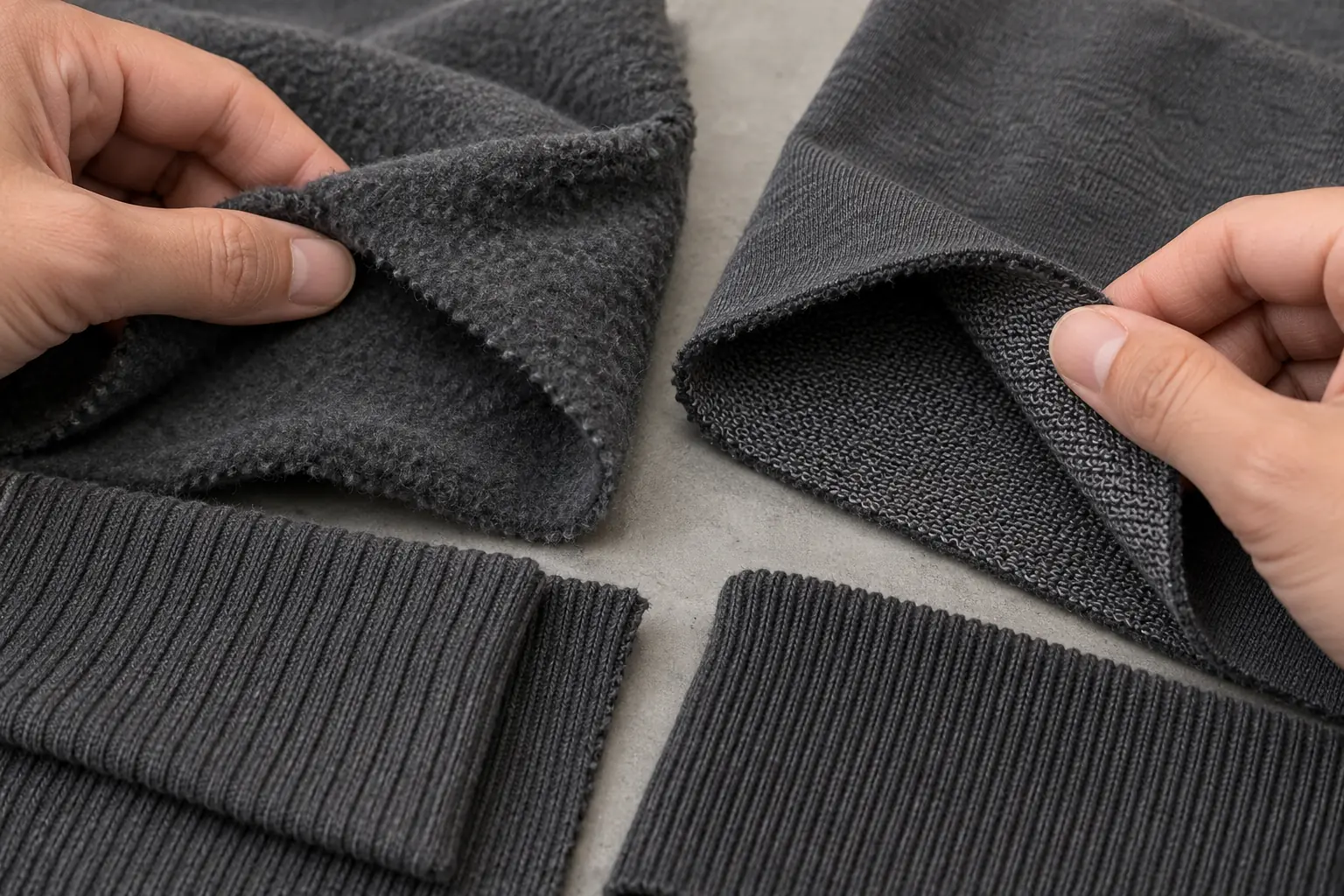 Fabric swatches and rib samples compared under neutral lighting