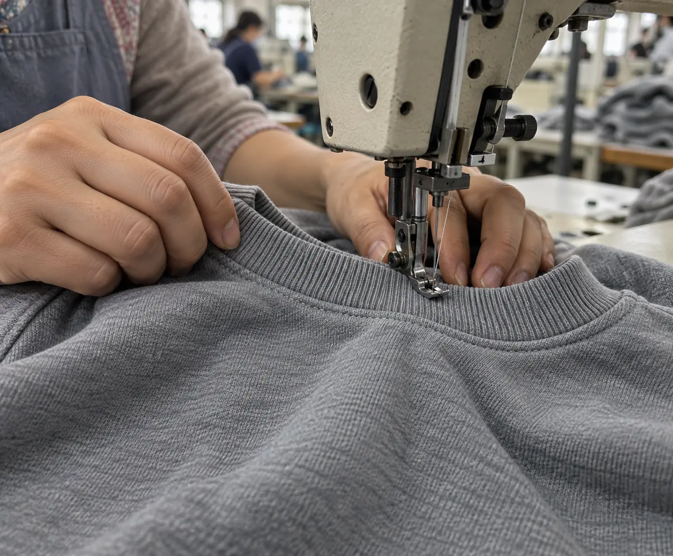Operator sewing a sweatshirt neckline with matching rib