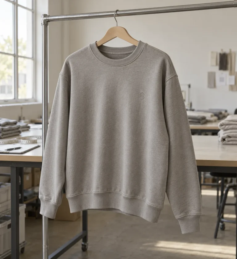 Photorealistic apparel documentary photograph of a finished plain relaxed crewneck sweatshirt hanging on a simple rail i