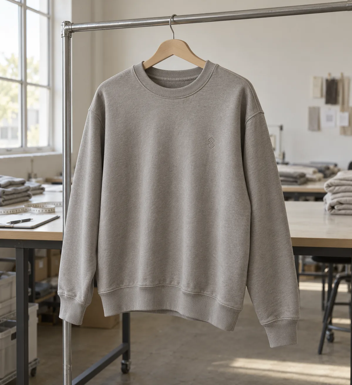 Photorealistic apparel documentary photograph of a finished plain relaxed crewneck sweatshirt hanging on a simple rail i